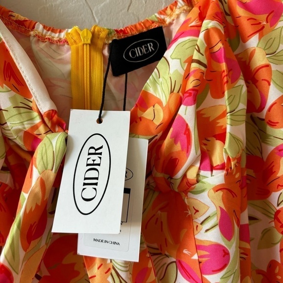 Cider Orange Floral Long Puff Sleeve Tie Front Mini Dress Resort Vacation Size S - Picture 12 of 12